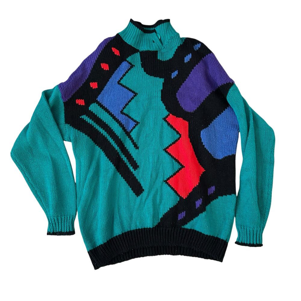Vtg Chunky Knit Geometric Pullover Sweater Womens 24 Teal Black Maximalist Bold